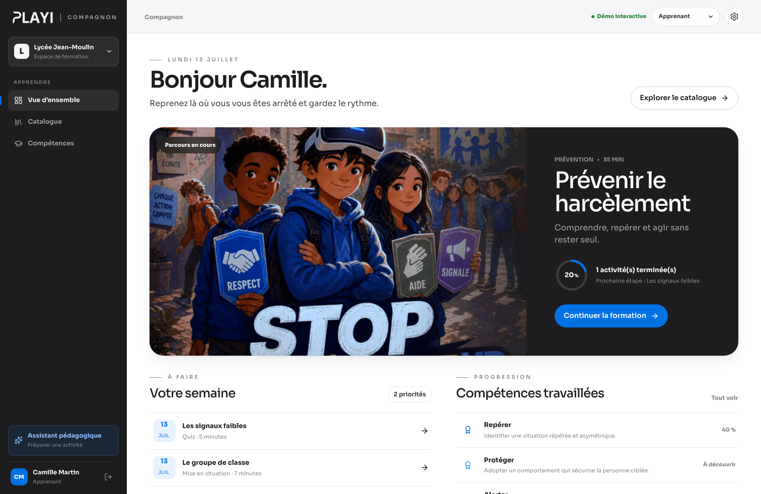 Vue réelle du tableau de bord apprenant dans Compagnon