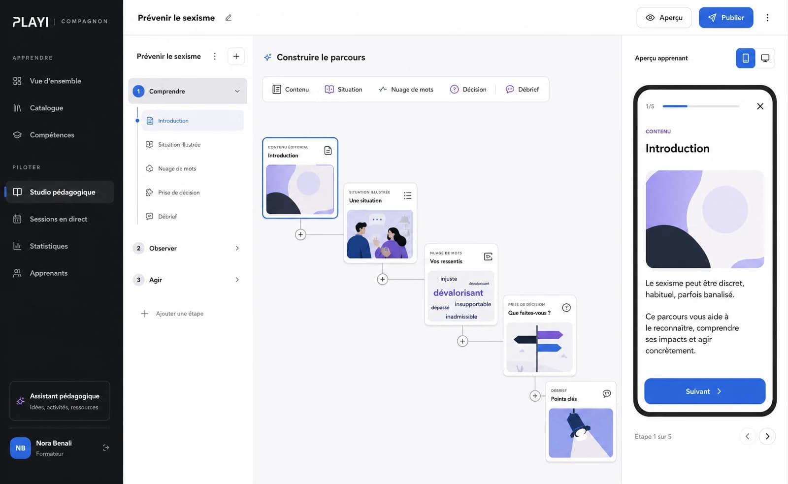 Visualisation du studio pédagogique Compagnon pour concevoir un parcours